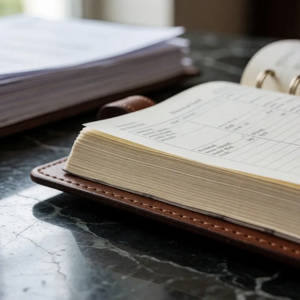 Büro masası üzerinde dokümantasyon ve resmi defter detayı